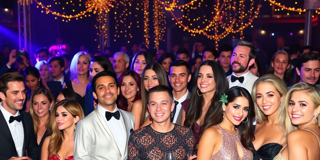 Romanian celebrities at glamorous events with festive atmosphere.