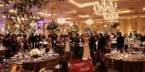 Elegant guests at an exclusive social event in luxury venue.