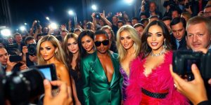 Glamorous celebrities at a scandalous event with cameras.