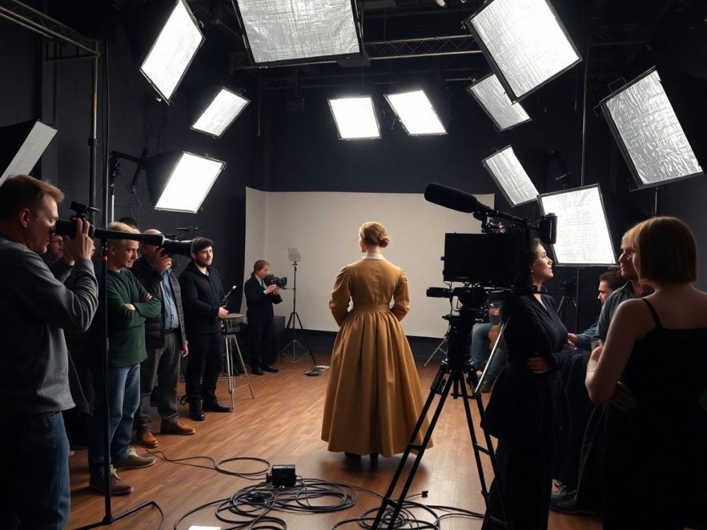 Actor în costum pe platou de filmare cu cameră vintage