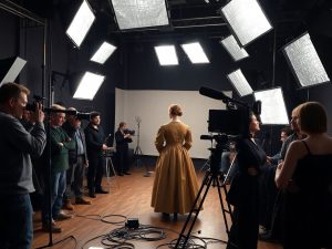 Actor în costum pe platou de filmare cu cameră vintage
